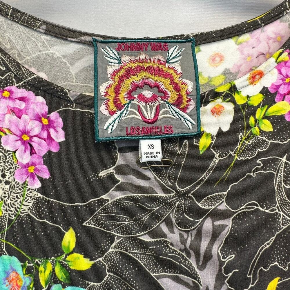 Johnny Was Zippy Floral Midi Dress Tie Waist Boho Cotton Grey Multicolor Size XS - Picture 9 of 10